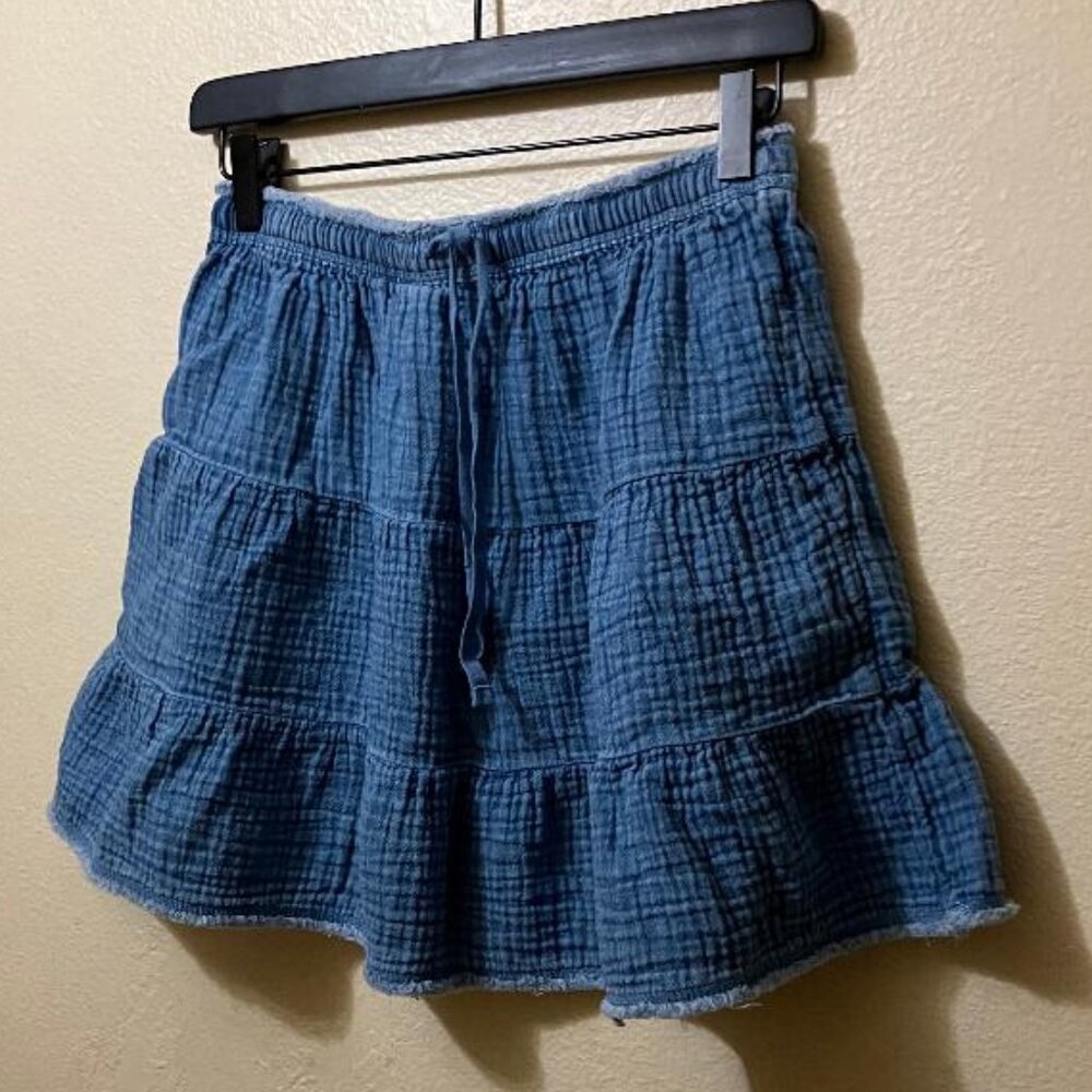 Aerie Women's Blue Chambray Tiered Elastic Waist Drawstring Mini Skirt Small